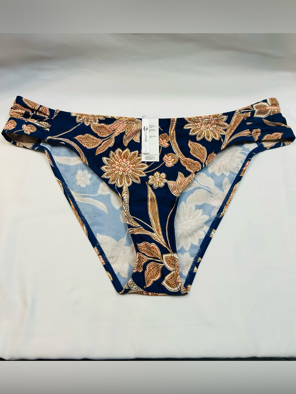 Cupshe Navy Bikini Bottoms With Peach Floral Print. New Without Tags